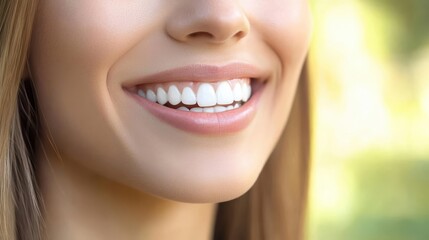 Obraz premium Young woman with bright smile, white teeth, outdoor sunlight, natural beauty and freshness