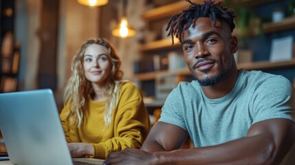 Two individuals engaged in collaborative work in a modern office setting, representing teamwork and innovation with a blend of professional and informal vibes.