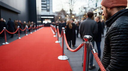 Crowded event entrance with a red carpet and rope barriers, people gathering outside a modern venue, upscale event setting