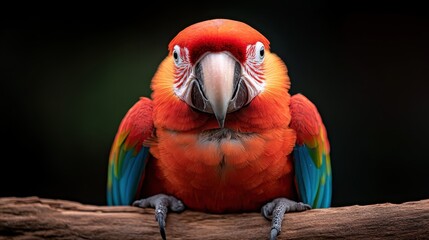 A close-up of a vivid macaw, showcasing its bright red, blue, and yellow feathers while perched elegantly on a wooden branch against a dark background.
