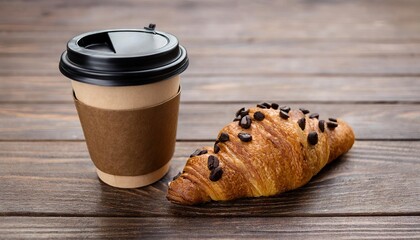 Wooden background with takeaway coffee and fresh croissant with chocolate drops