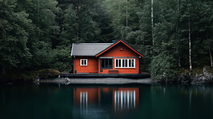 Fototapeta premium Charming red wooden cabin by a tranquil lake surrounded by lush green forest, with reflection in the still water.