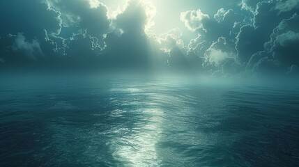 A dramatic seascape with a path of sunlight illuminating the ocean through dark storm clouds.