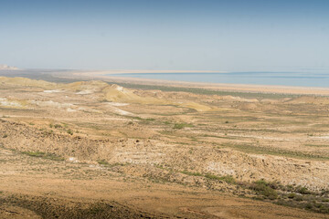 The Aral Sea shore, dying lake in Central Asia and environmental disaster, at Uzbekistan.
