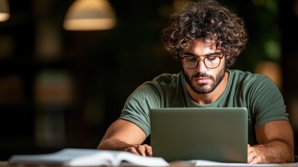 An individual with curly hair and glasses deeply immersed in work or study as he navigates his laptop in a cozy, warmly lit environment rich with ambiance.