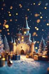 Obraz premium Beautiful magical ice castle. Romantic winter background for greeting card poster design.