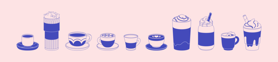Different drinks in glasses set. Various cups of coffee: black, with milk, mocha, macchiato. Icons of hot coffe, ice cappuccino, espresso. Beverages in mugs. Outline isolated vector illustrations