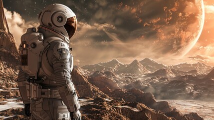 A girl in a white spacesuit stands against the backdrop of a rocky mountain at sunset and a large satellite in the sky.