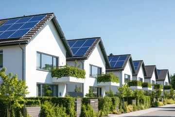 Modern houses featuring solar panels and lush greenery, showcasing sustainable living and eco-friendly architecture.