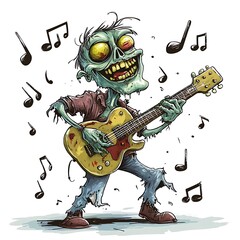 Goofy cartoon zombie playing a guitar with a big 