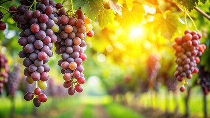 Fresh grapes hanging from a vine in a lush green orchard with warm sunlight, harvest, sunlight, vine, nature