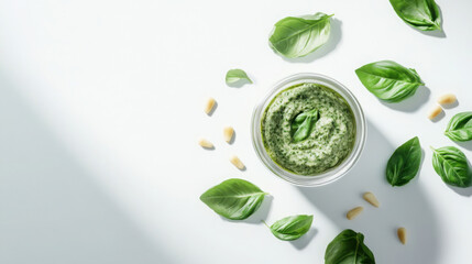 Obraz premium Vegan pesto jar on light background with fresh basil and pine nuts