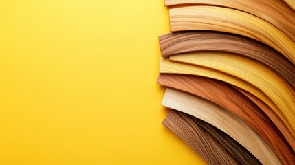 Smooth, layered wood planks are arranged elegantly on a bright yellow backdrop, emphasizing the natural textures and warm earthy tones for visual appeal.