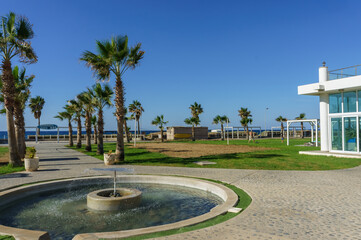 Obraz premium Serene coastal pathway with palm trees and tranquil fountain under a clear blue sky by the sea.