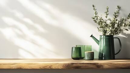 A rustic wooden shelf adorned with green glassware, a green watering can, and a lush plant against a softly lit background wall, evoking a sense of serenity.
