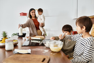 A cheerful grandmother enjoys baking festive treats with her happy grandsons in their warm kitchen.