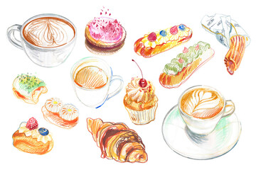 Pastries, cup of coffee. Sketch of food drawn with colored pencils.