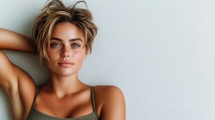 A relaxed woman with short hair and casual attire poses confidently against a minimalist white background, highlighting her natural beauty and elegance in simplicity.