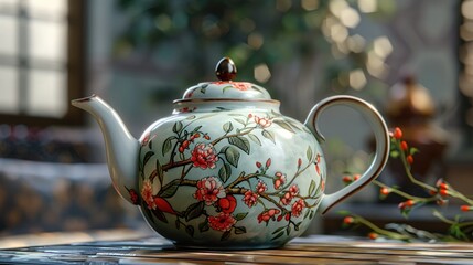 Handcrafted ceramic teapot with custom painted botanical illustrations, showcasing fine art and traditional craftsmanship, perfect for decorative use or as a unique gift.