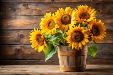 Obraz premium Freshly picked sunflowers standing tall in a rustic wooden vase, decoration, centerpiece, garden, wood