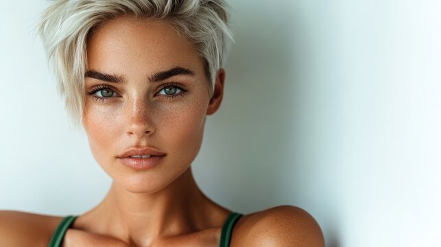 A striking woman with a bold, short haircut gazes piercingly at the camera against a stark white backdrop, embodying strength and artistry with her intense expression.