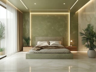Sage walls add a serene touch to this modern bedroom with polished, minimalist furnishings and sleek lighting