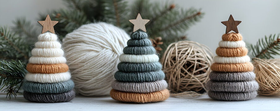 Handcrafted Yarn Christmas Trees with Rustic Wooden Stars