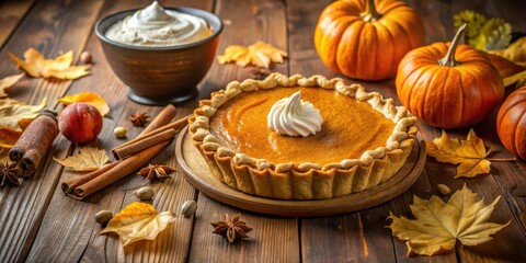Fototapeta premium A rustic autumn table setting with a pumpkin pie topped with whipped cream, surrounded by cinnamon sticks, fall leaves, and whole pumpkins.