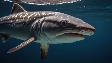 A close-up of a shark swimming underwater, showcasing its features and environment.