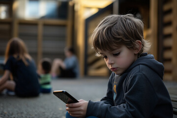 A child focused on a smartphone while their friends play outside.A young boy is sitting on the ground, intently looking at a cell phone