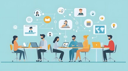 Team of People Working on Laptops with Interconnected Network of Communication Icons