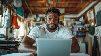 A contemplative man sits at a desk in a cozy, wood-paneled home office, surrounded by notebooks and devices, embodying focus and modern work-life balance.