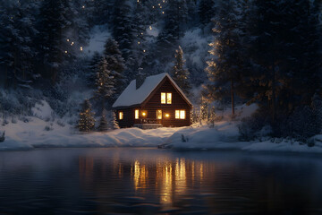 A cozy cabin illuminated at night, surrounded by snow-covered trees and a tranquil lake.
