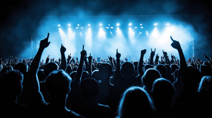 Silhouettes of concert audience with raised hands in music festival setting with bright stage lights and smoke