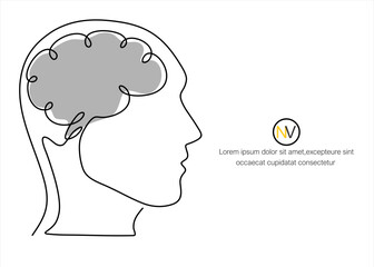 Continuous one line drawing men head and brain inside. The concept of thinking ideas inside the person's head. Vector illustration