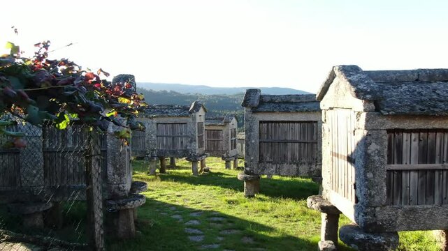 Aerial view of traditional stone horreos in a picturesque rural landscape with lush greenery, Avion, Galicia, Spain.