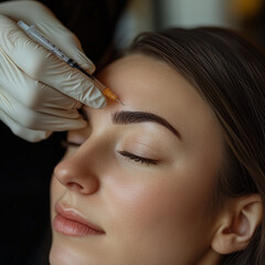 Closeup shot of young Caucasian woman getting beauty cosmetic injection in forehead, beautiful lady getting anti-aging treatment