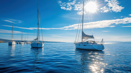Fototapeta premium Sailboats on calm blue sea under clear sky in serene seascape