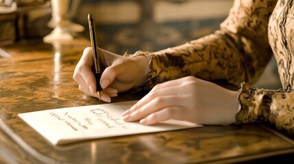 Fototapeta premium Sentiments in Script: Person Writing a Letter at Antique Desk with Vintage Simplicity in Dynamic Composition and Warm Natural Light - Close-Up of Hands in Sharp Focus
