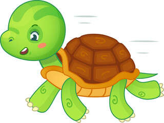 Determined cartoon turtle races happily, showing speed and energy. Symbolizing resilience and strength, it inspires with a positive attitude