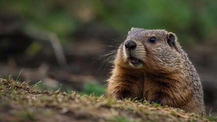 A close-up of a groundhog in a natural setting, showcasing its features and surroundings.