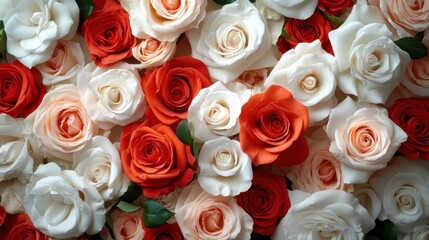 A stunning and vibrant mix of red, orange, and white roses captured in a floral arrangement that embodies beauty, celebration, and artistic expression.