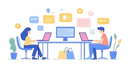 Collaborative workspace with laptops and digital communication tools