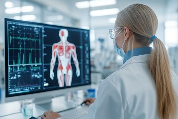 A healthcare professional analyzes anatomical data on a computer, highlighting body muscles and monitoring patient health metrics in a modern medical environment.