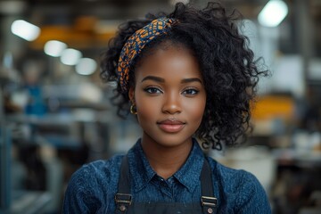Confident black female artisan wearing headband in workshop setting