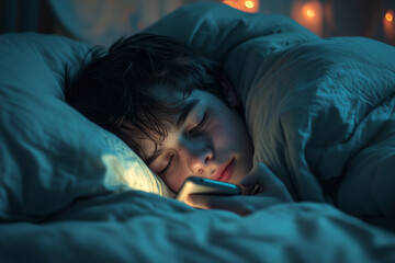 A teenager scrolling through their phone in bed late at night.A young boy is peacefully sleeping in his bed while gazing at his cell phone