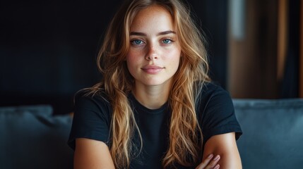 A young woman with long hair and freckles sits indoors, exuding a calm and relaxed vibe. Her casual appearance and serene expression suggest contemplation and peace.