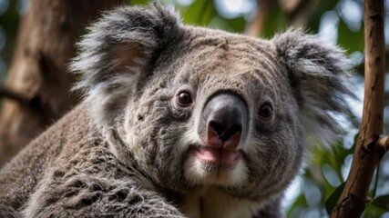 A close-up of a koala perched on a tree branch, showcasing its unique features and expression.