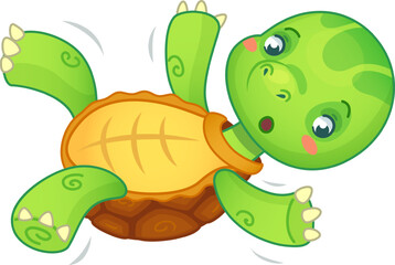 Cute cartoon turtle falls on its back, looking surprised and waving its legs in the air, expressing shock and panic in a colorful, playful design perfect for kids