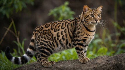 A Bengal cat stands gracefully on a rock amidst lush greenery.